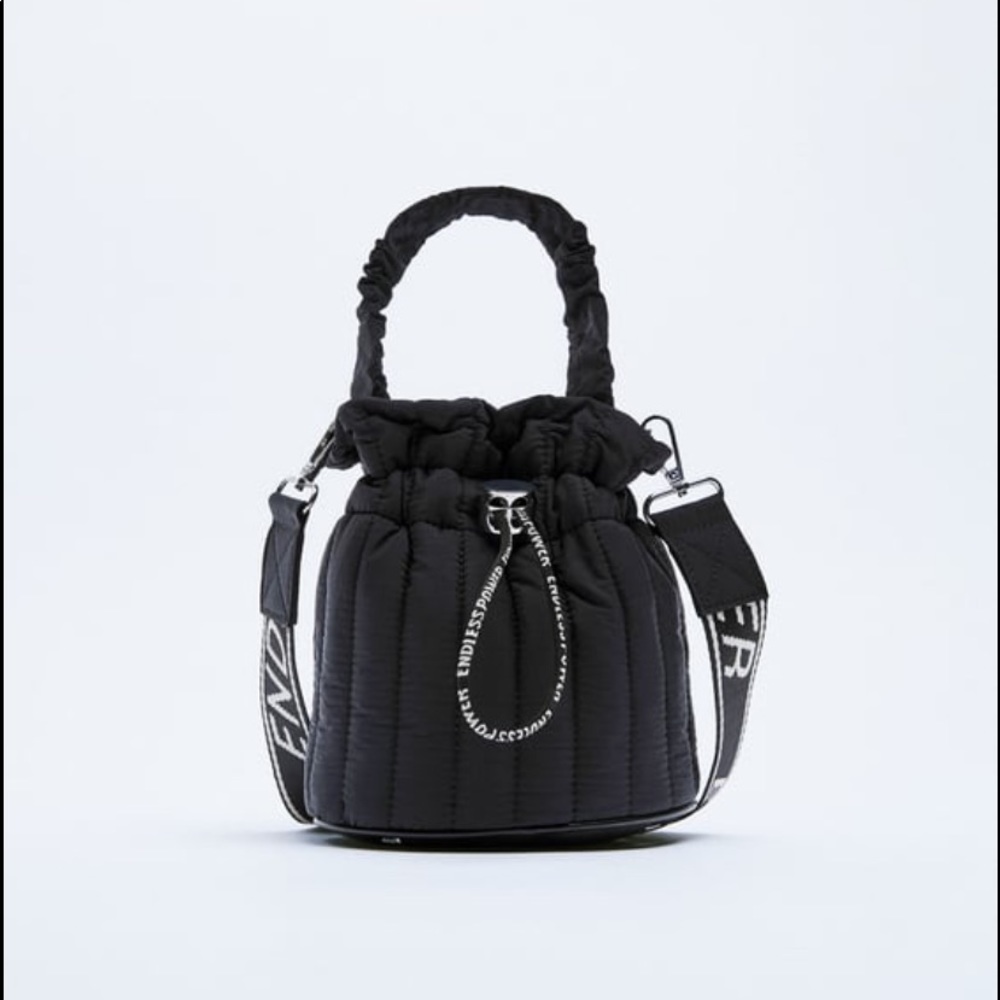 Zara crossbody nylon text bucket bag. Adjustable strap.